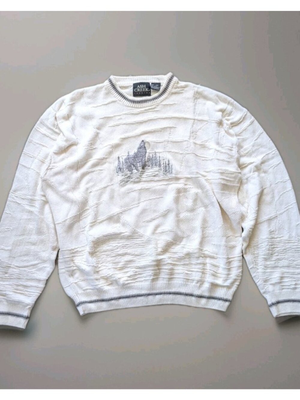 Vintage 90s Ash Creek Wolf Sweater Men's Lg Embroidered Cream Knit Grandpa